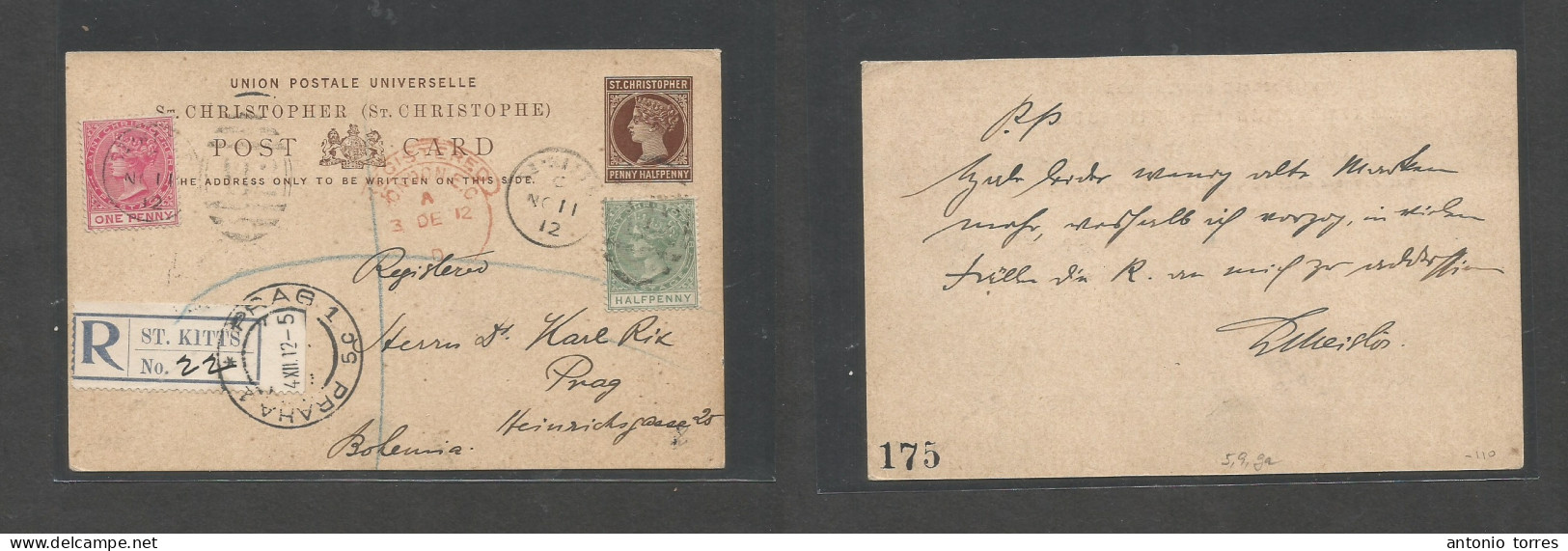 Bc - St. Christopher Kitts & Nevis. 1912 (Nov 11) St. Kitts - Czechoslovakia, Prague (4 Dec) St. Christopher 1 1/2d Brow - Otros & Sin Clasificación