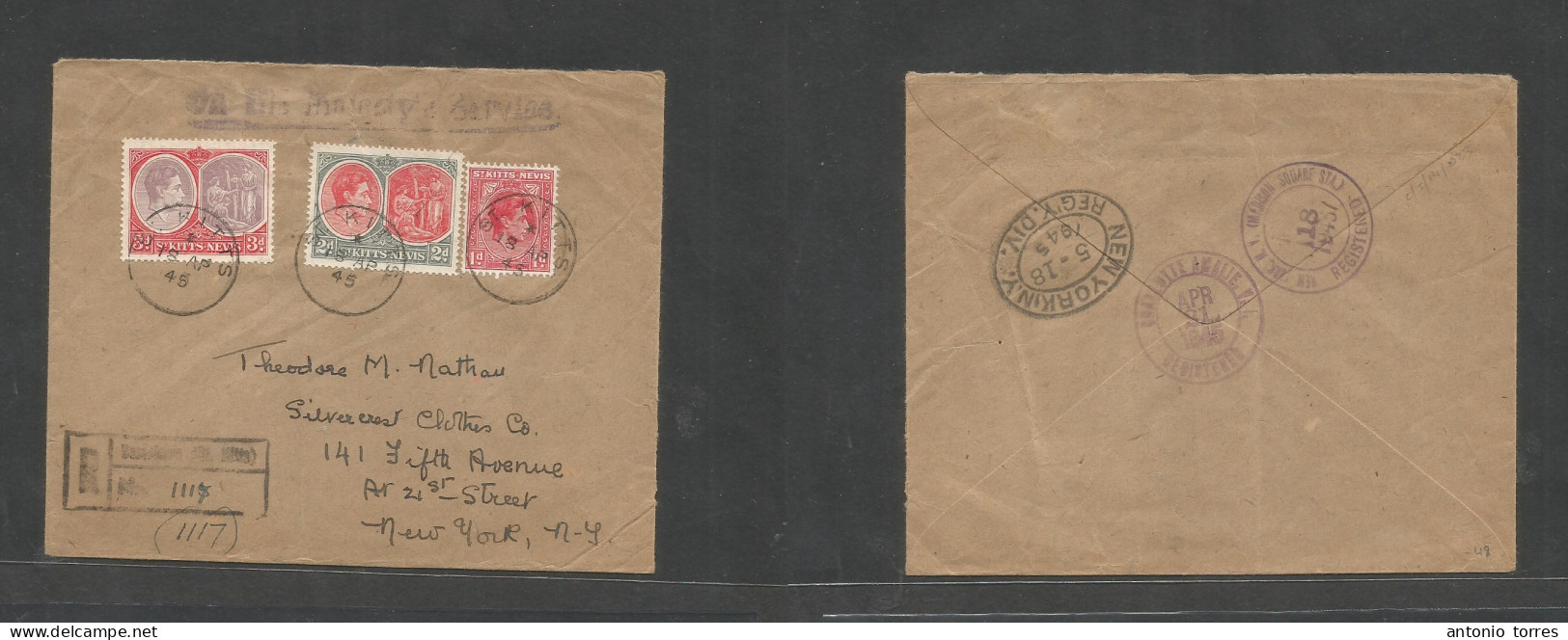 Bc - St. Christopher Kitts & Nevis. 1945 (18 Apr) GPO - NYC, USA (18-21 Apr) Registered Multifkd Env At 6d Rate, Cds + R - Other & Unclassified