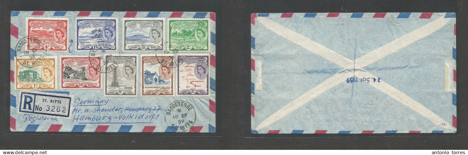 Bc - St. Christopher Kitts & Nevis. 1959 (18 Sept) St. Kitts, Basseterre - Germany, Hamburg. Registered Multifkd QEII (9 - Sonstige & Ohne Zuordnung