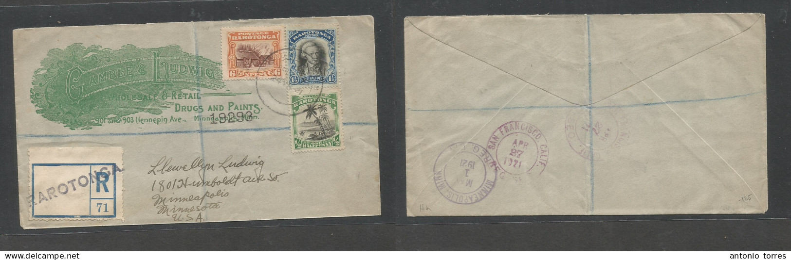 Bc - Tonga. 1921 (24 March) Rarotonga - USA, Minesota, Minneapolis. Color Illustrated Reply Business Multifkd Env, Cds + - Autres & Non Classés