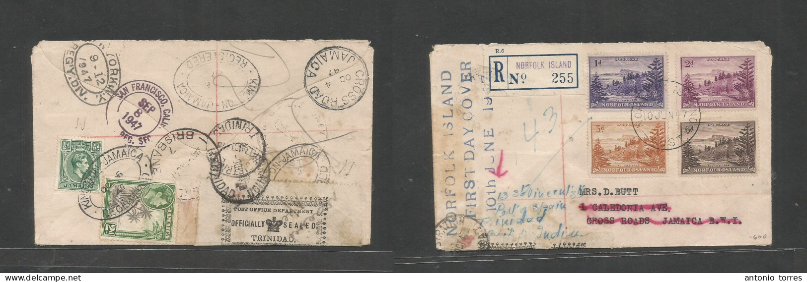 Bc - Trinidad. 1947 (10 June) Norfolk Island GPO - Jamaica, Kingston, Fkd Again To Trinidad. British Caribe (9 Oct) Wher - Other & Unclassified