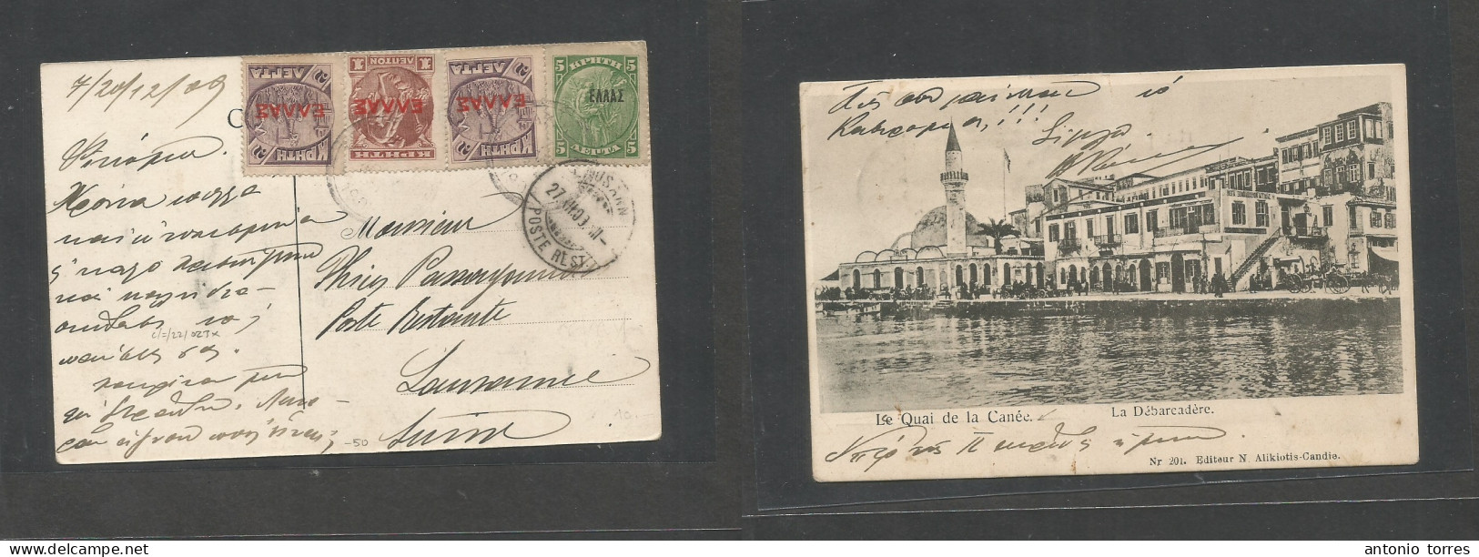 Greece. 1909 (20 Dec) La Canee - Switzerland, Lausanne (27 Dec) Multifkd Photo Ppc. Ovptd Issue. - Andere & Zonder Classificatie