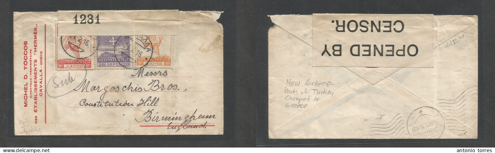 Greece. 1916 (24 Feb) Cavalla - England, Birmingham. Comercial Multifkd WWI Envelope + Censor Label Tied Cds. Reverse Tr - Other & Unclassified