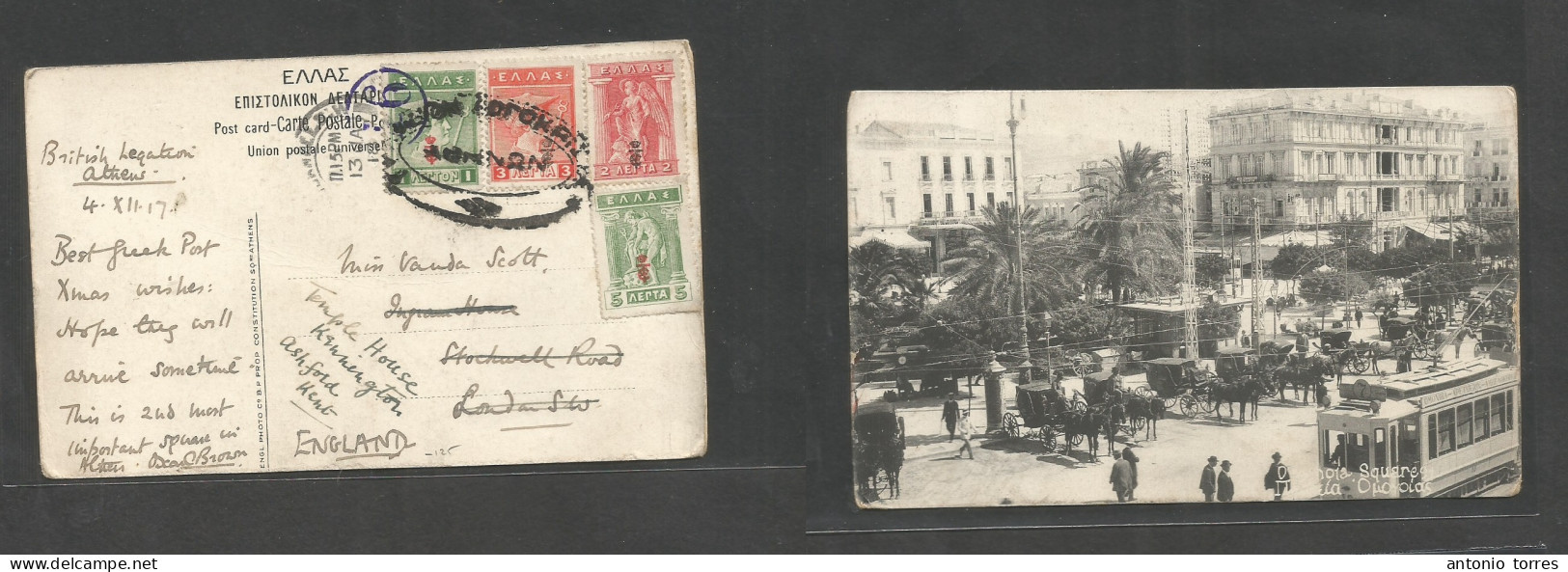 Greece. 1917 (4 Dec) British Legation, Athens - England, London (13 Jan) Ovptd Issue. Multifkd Ppc, Oval Cachet. WWI. Sc - Andere & Zonder Classificatie