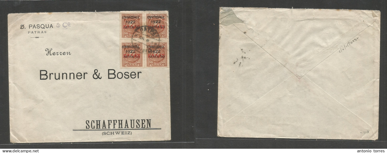 Greece. C. 1922. Patras - Switzerland, Schaffhausen. Fkd Multifkd Comercial Envelope With Block Of Four, Central Cds, Do - Otros & Sin Clasificación