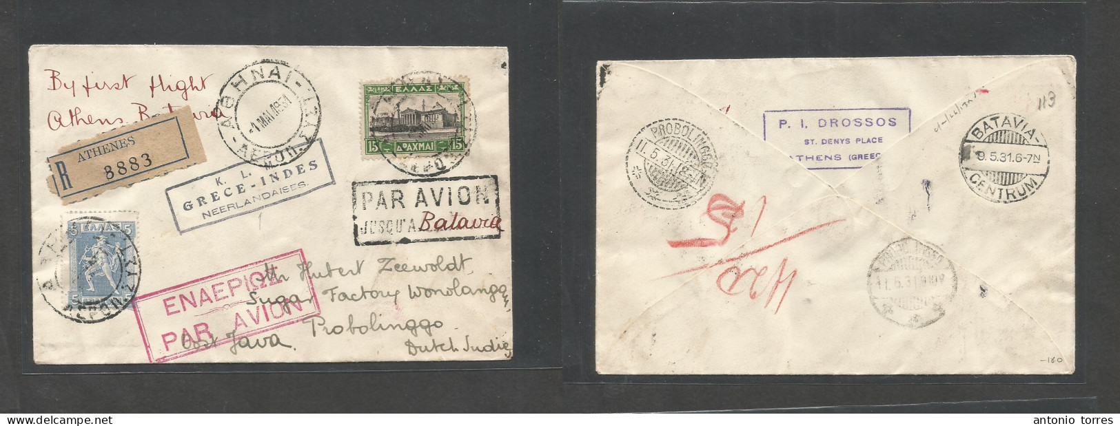 Greece. 1931 (1 May) Athens - Dutch Indies, Probolinggo (9-11 May 31) Registered Air Multifkd Envelope. First Flight KLM - Andere & Zonder Classificatie