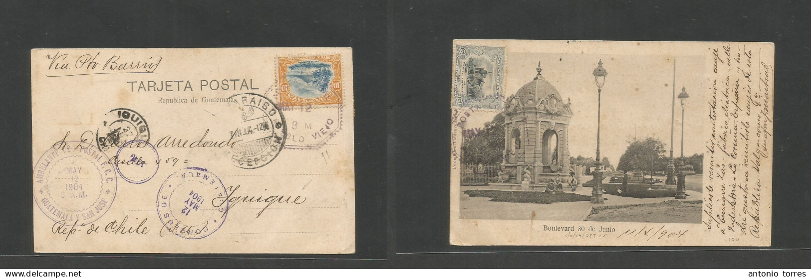 Guatemala. 1904 (12 May) Pueblo Viejo - Iquique, Chile (27 July) Via GPO - Guatemala - San Jose - Valparaiso. Fkd Ppc, T - Guatemala