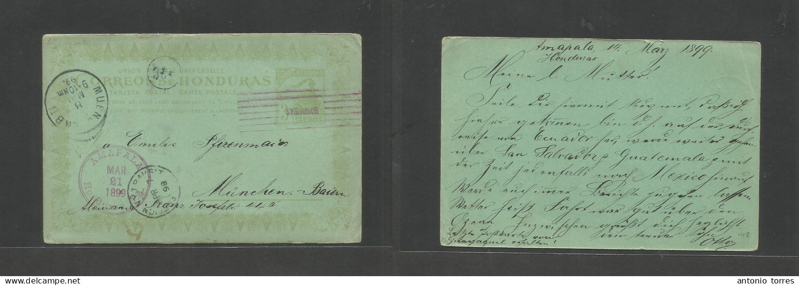 Honduras. 1899 (14 March) Amapola - Munich, Germany (8 May) Via NY. Train Issue 3c Yellow/green Stationary Card Depart V - Honduras