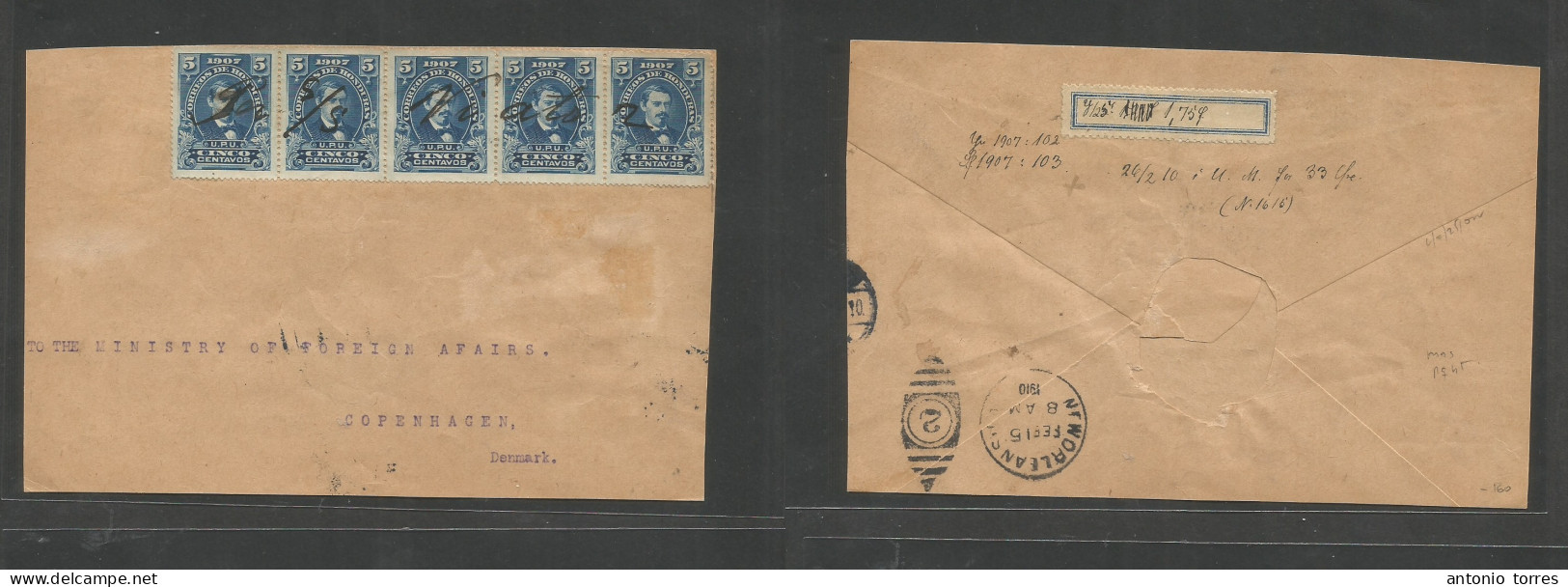 Honduras. 1910. GPO - Denmark, Copehangen. Via New Orleans (15 Feb 1910 + Part Arrival Cachet On Reverse. Multifkd Envel - Honduras