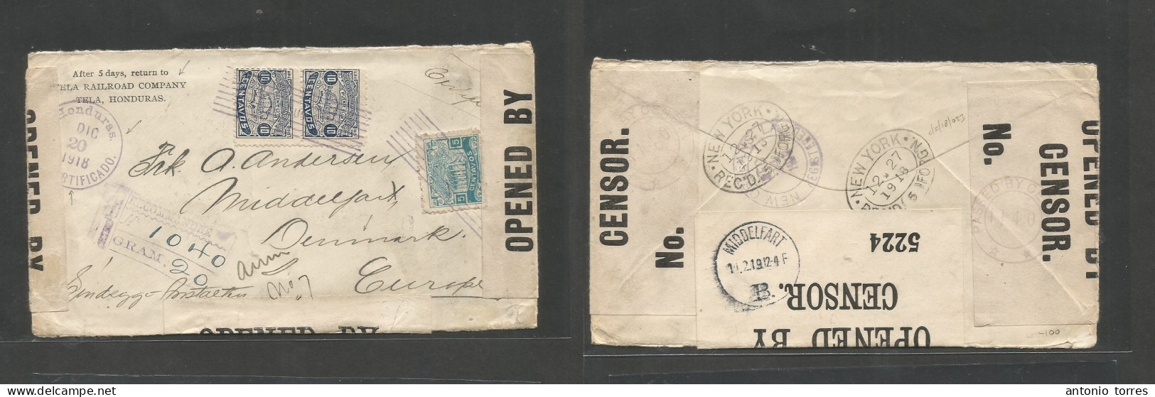 Honduras. 1918 (20 Dec) Tela - Denmark, Middelfort (14 Feb) Via NYC. Registered WWI Multifkd Censored (3 Label Seals) En - Honduras