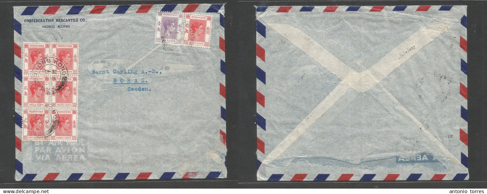 Hong Kong. 1950 (8 June) HK - Sweden, Boras. Air Multifkd Env, 30c Red Block Of Six, Tied Black Line Cds + Dest. Fine Co - Other & Unclassified