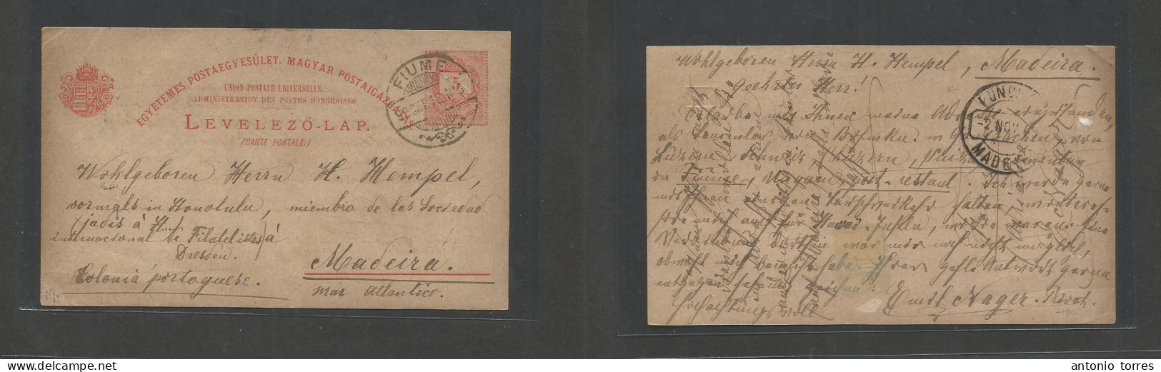 Hungary. 1892 (18 Oct) Fiume (Hungary Period) - Madeira, Portuguese Atlantic Island, Funchal (2 Nov) 5h Red Early Stat C - Otros & Sin Clasificación