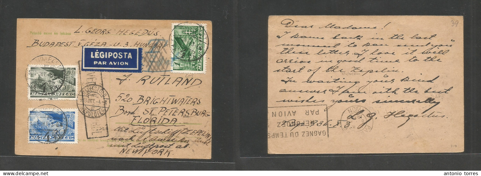 Hungary. 1936 (3 Oct) Budapest - Florida, St. Petersburg, USA. Air Multifkd Private Card, Endorsed PER Left ZEPPELIN Via - Sonstige & Ohne Zuordnung