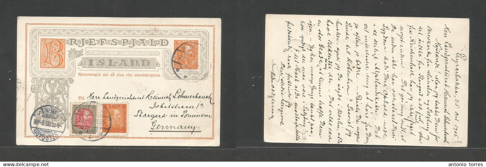 Iceland. 1905 (25 Oct) Eyrarbakka, Via Reykjavik - Germany, Stargard (4 Nov) Charge Stat Card + 2 Adtls, Tied Cds. Fine - Other & Unclassified