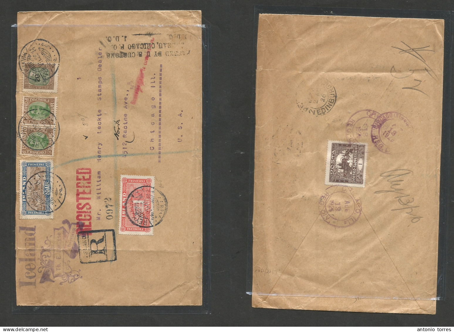 Iceland. 1926 (28 July) Reykjavik - USA, Chicago, Ill (13 Aug) Registered Multifkd Env, Transited Reverse. Scarce Usage. - Other & Unclassified