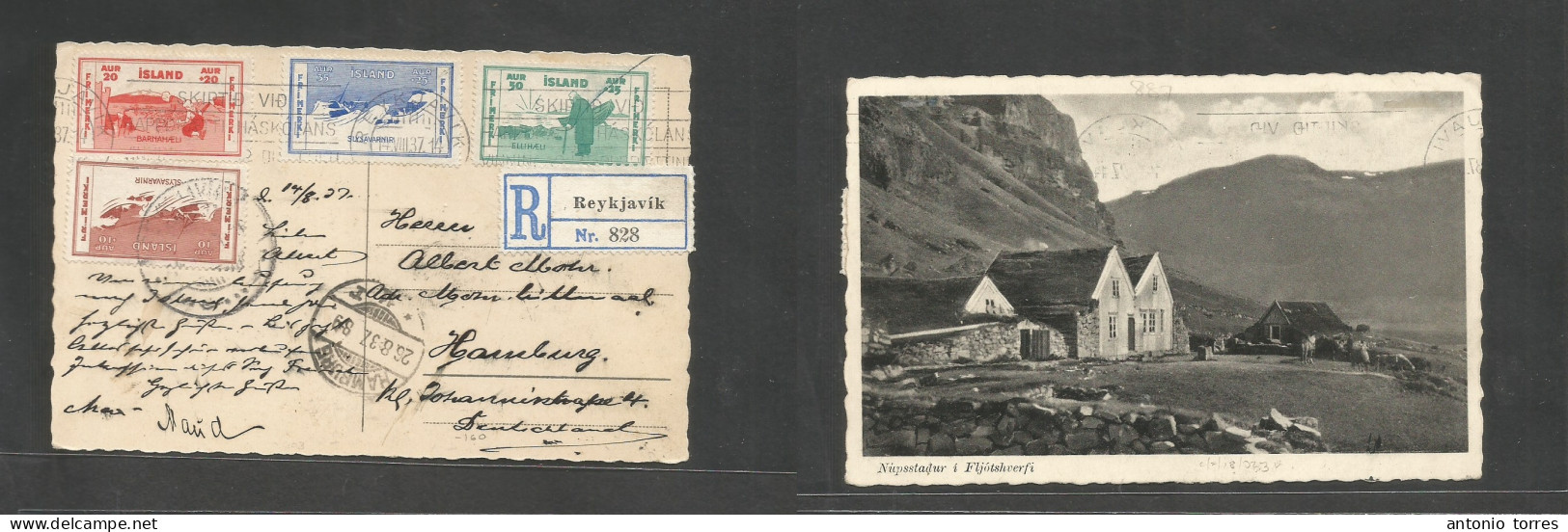 Iceland. 1937 (14 Aug) Reykjavik - Germany, Hamburg (26 Aug) Registered Multifkd Photo Post Card. Nupstadue. VF. - Autres & Non Classés