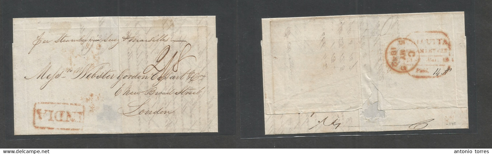 India. 1842 (18 March) Calcutta - London, UK. E With Text Via Suez Marseilles, Red India Box On Front. Reverse Red Box D - Sonstige & Ohne Zuordnung