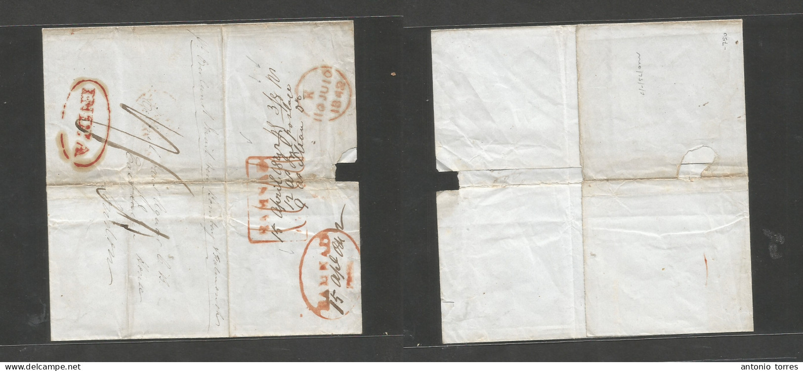 India. 1842 (15 Apr) Burnadul - London, UK (10 June 42) E Reverse Card Red Town Depart Red Cachet + Boxed RAMNAD + Mns C - Other & Unclassified