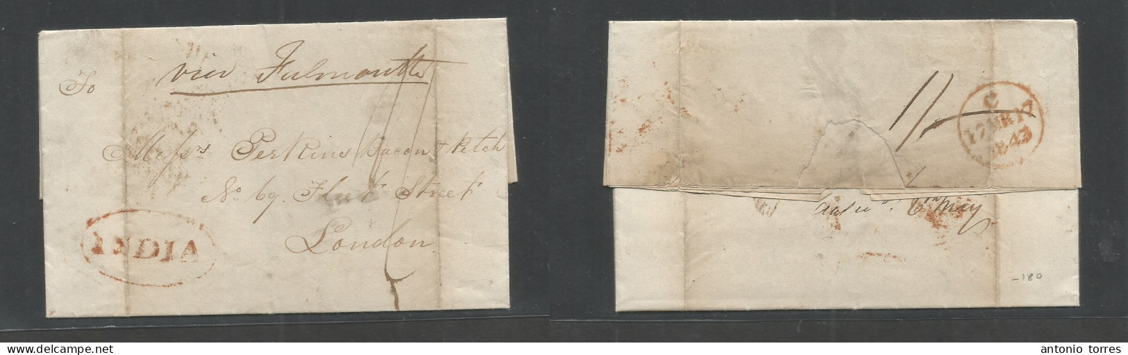 India. 1843 (1 Febr) Bombay - London, UK (17 March) EL With Text Via Falmonth. Oval Red India On Fornt + Mns Charge + 1s - Other & Unclassified