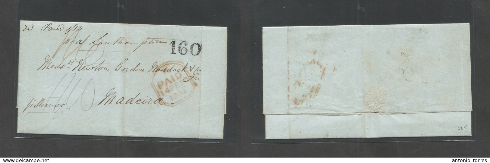 India. 1843 (20 Dec) Bombay - Madeira, Portuguese Atlantic Island, EL With Text, Per Steamer + Paid 1 /10 + 160 Reis Por - Other & Unclassified
