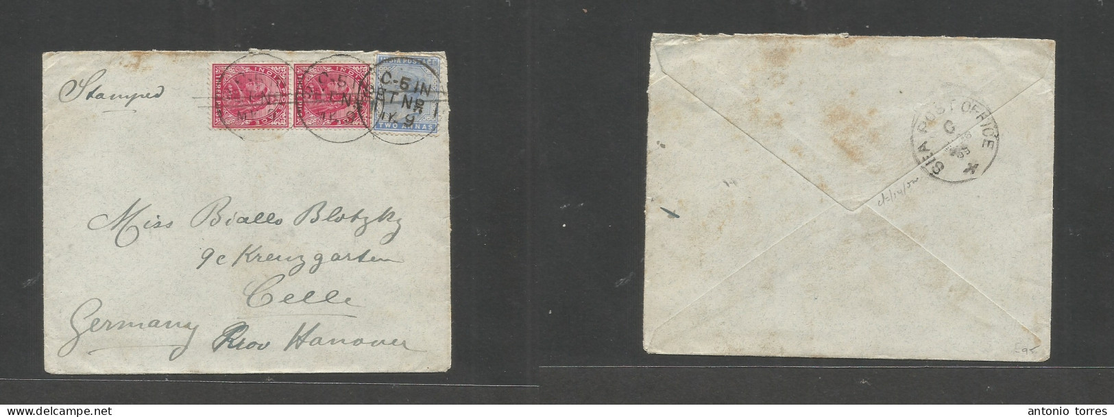 India. 1899 (9 May) C-5 IN, Set Nº1 - Germany, Celle Via Sea Port Office. Multifkd QV Stramped Envelope Pen Lines + Cds. - Autres & Non Classés