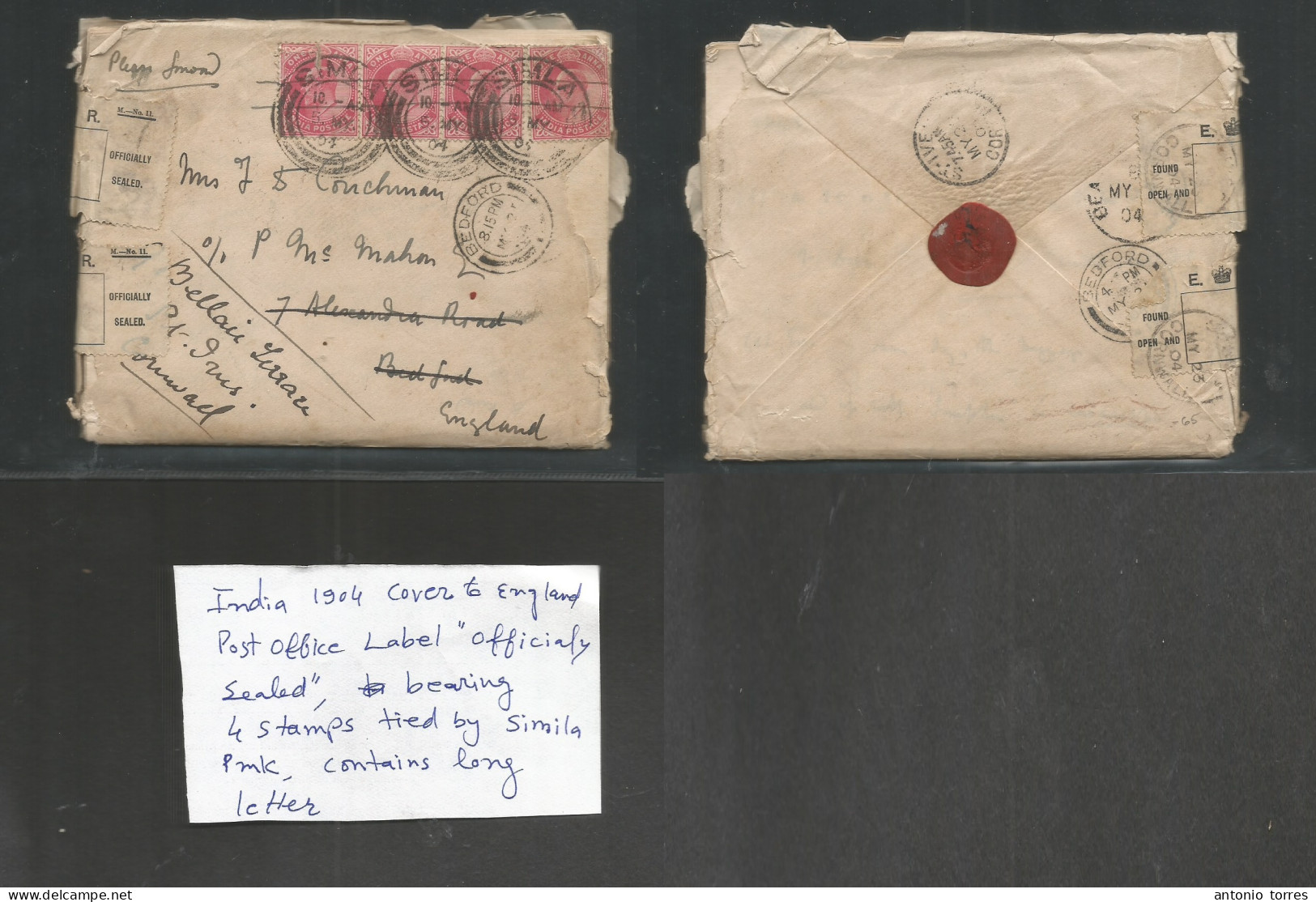 India. 1904 (5 May) Simla - Bedford, England (25 May) Multifkd Envelope With Contains At 4 Anna Rate + Post Office Seals - Otros & Sin Clasificación