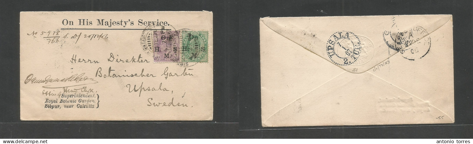 India. 1906 (20 Dec) Sibpur - Sweden, Upsala (7 Jan 07) Via Sea PO. Official Mail Ovptd Multifkd Envelope. VF. Royal Bot - Other & Unclassified