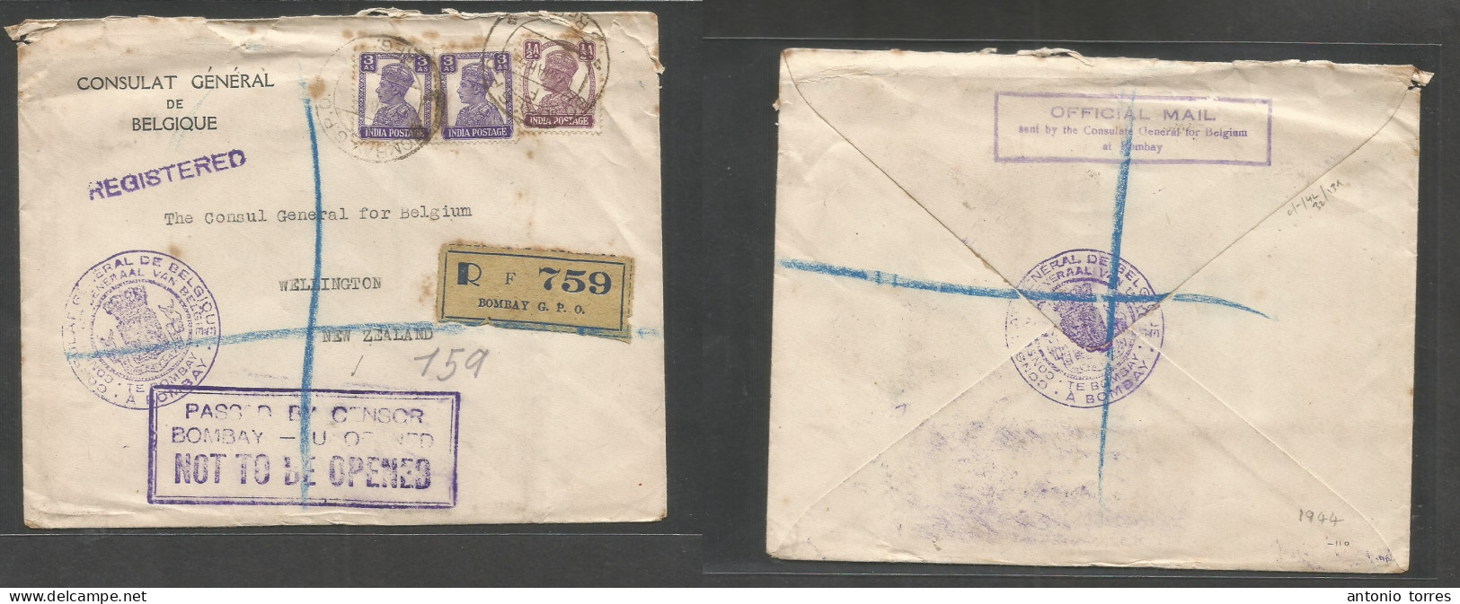 India. 1944 (15 March) Bombay - New Zealand. Belgian Consular Mail. Registered Multifkd With Special Cachet "passed Cens - Other & Unclassified