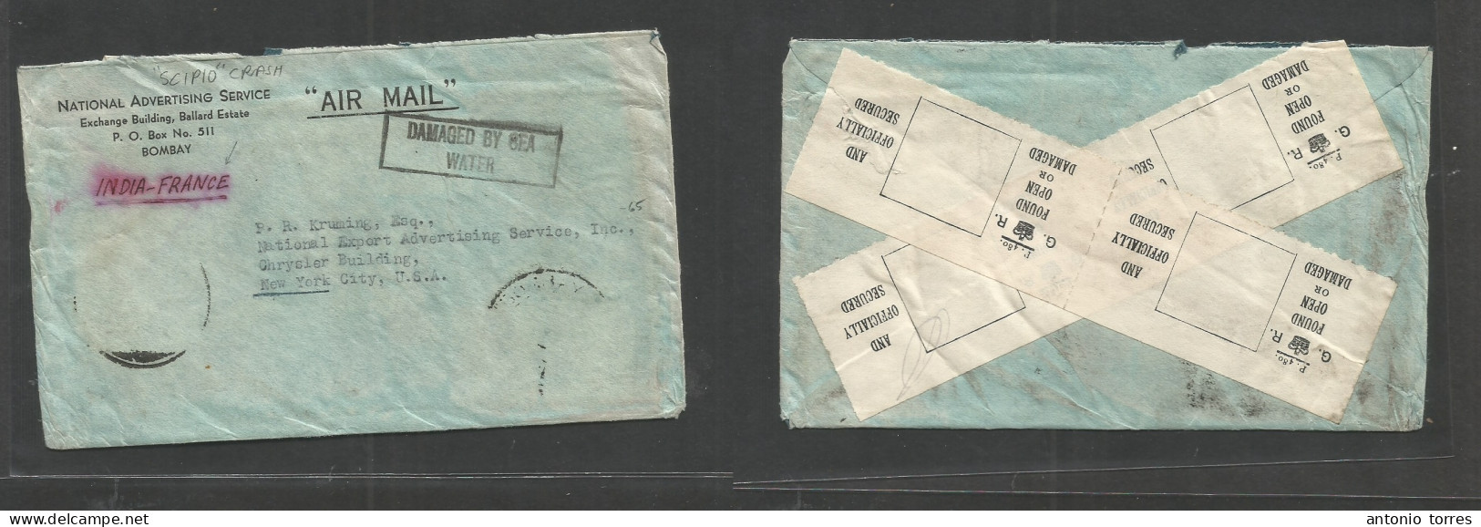 India. C. 1945. Scipio Crash. Bombay - USA, NY. Multifkd (missing Stamps At Crash) Air Usage Envelope + Reverse P.o Seal - Other & Unclassified