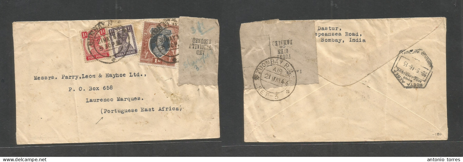 India. 1946 (21 May) Bombay - Portuguese East Africa, Lourenço Marques (26 May) Air Multifkd Env, PO Seal "Found Damaged - Other & Unclassified