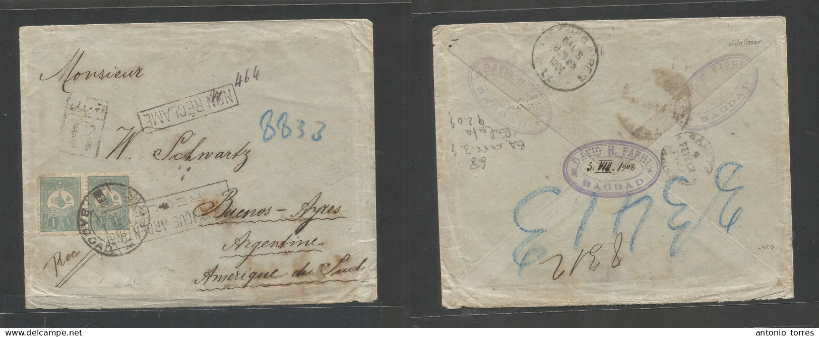 Iraq. 1908 (5 Aug) Turkish PO, Baghdad - Argentina, Buenos Aires (3 Sept 08, Inverted Date!) Via Istambul. Registered Mu - Irak