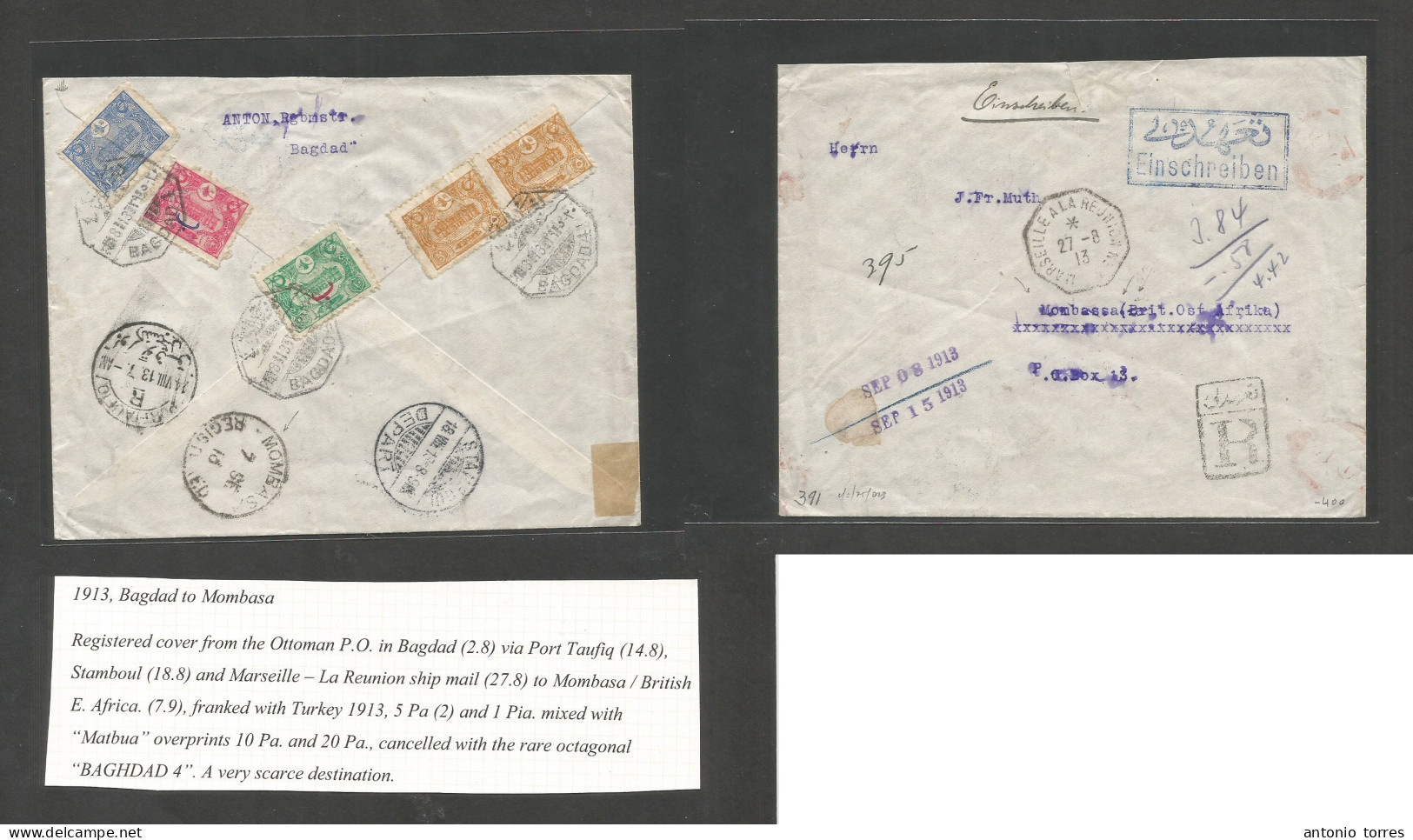 Iraq. 1913 (11 Aug) Turkish PO, Baghdad - Mombassa, British East Africa (Sept 7-15) Registered Reverse Multifkd Envelope - Irak