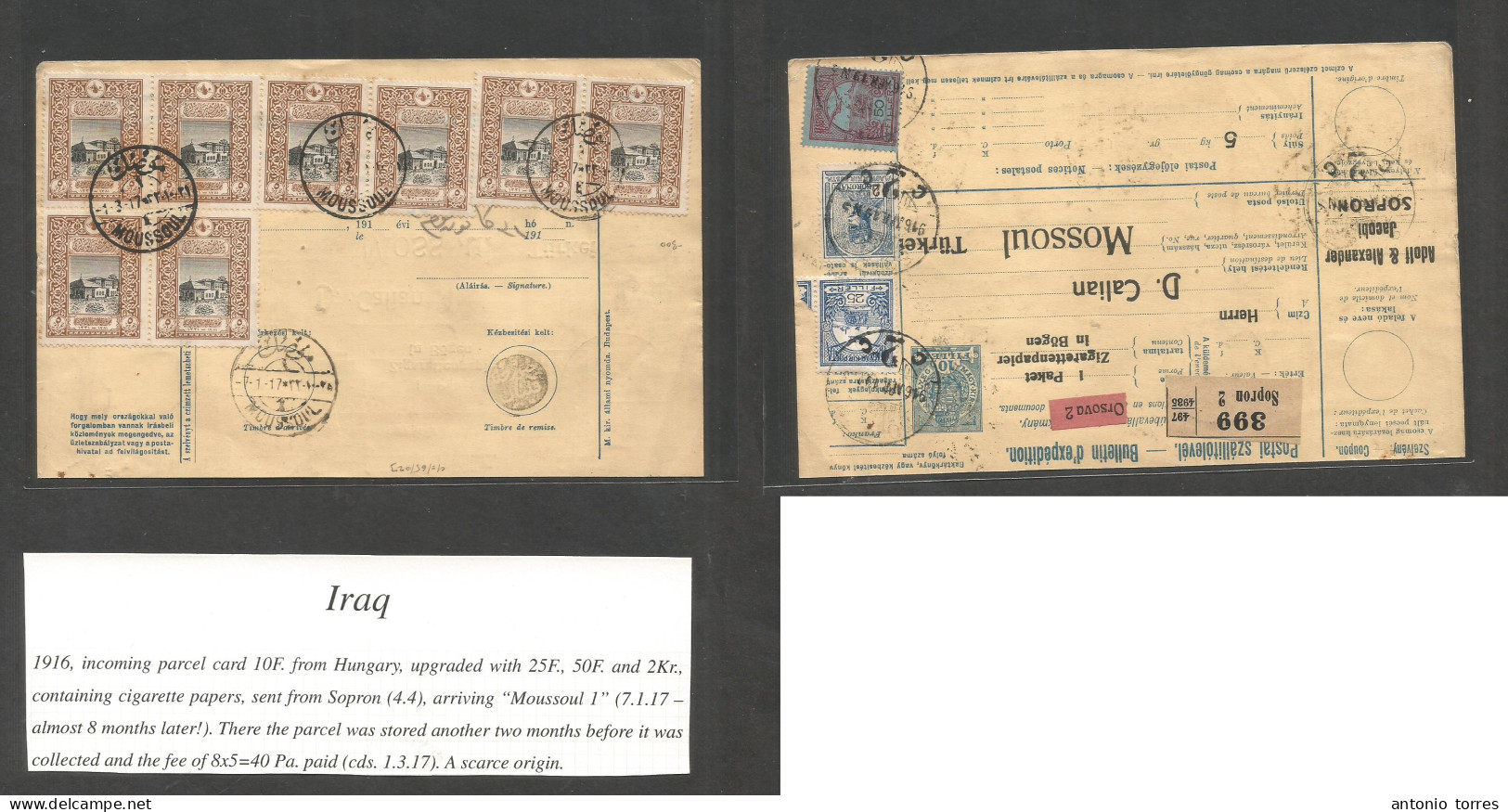 Iraq. 1916 (19 Apr) Sopron - Mossul, Iraq (1 Aug 17) Multifkd Package Stat Card + 3 Adtls + Arrival (x8) Turkish PO Stam - Iraq