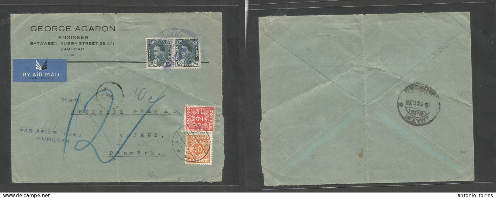 Iraq. 1938 (Oct( Jaboubi - Denmark, Vojens (19 Oct) Air Multifkd Comercial Envelope, Cachet "par Avion Msqu Munchen" (xx - Iraq
