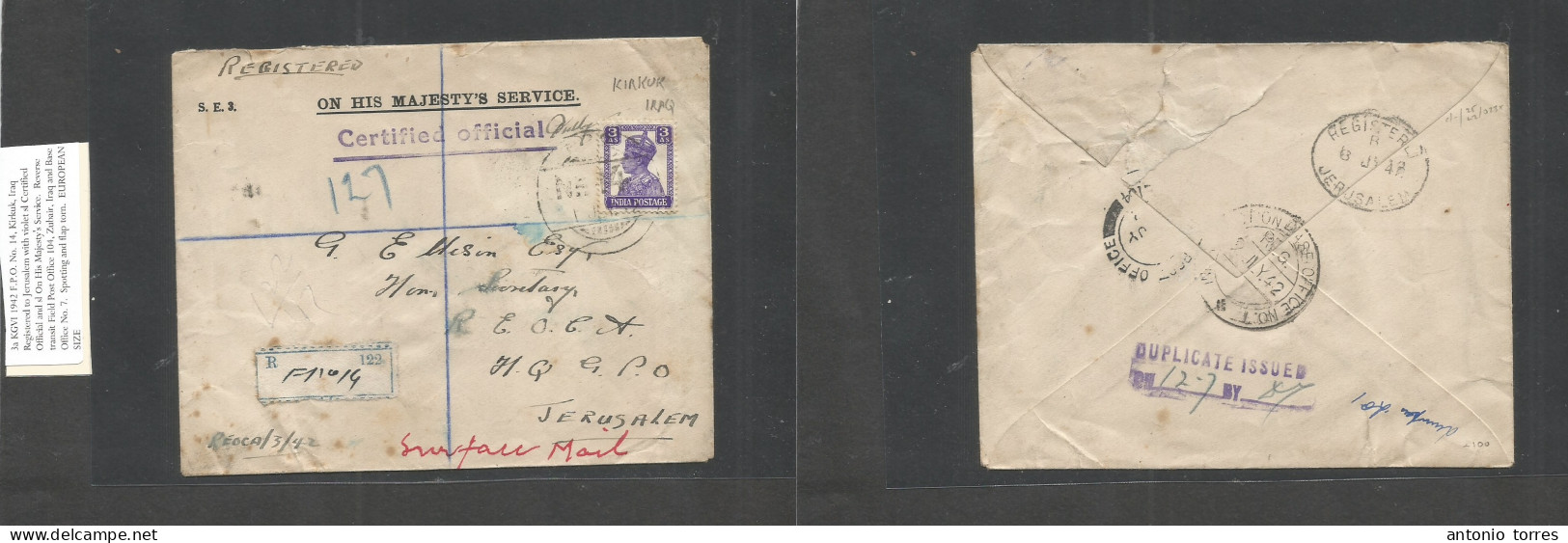 Iraq. 1942 (2 July) India Used In Kirkuk - Jerusalem (8 July) Registered FP 14. Military Censored Single Fkd OHMS Envelo - Iraq