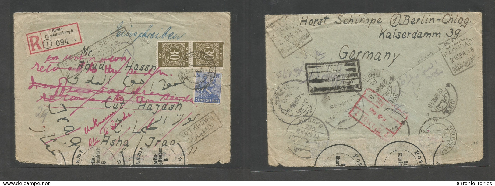 Iraq. 1948 (24 March) Germany, Berlin - Asha, Iraq. Registered Multifkd Env + "RETOUR / NOT KNOWN" Diff Cachets From Thi - Iraq