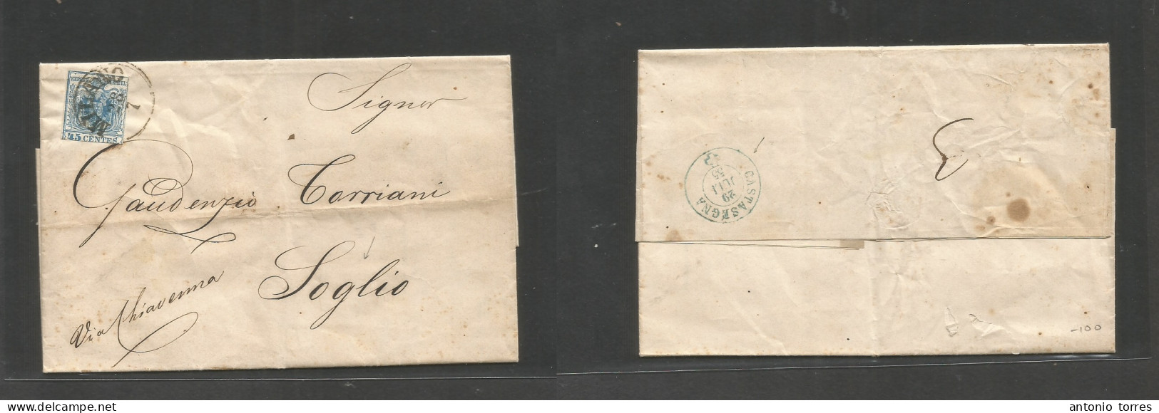 Italy Lombardy - Venetia. 1855 (28 July) Milano - Switzerland, Soglio Via Zurich (29 July) EL With Text Fkd 45 Cent Blue - Non Classés