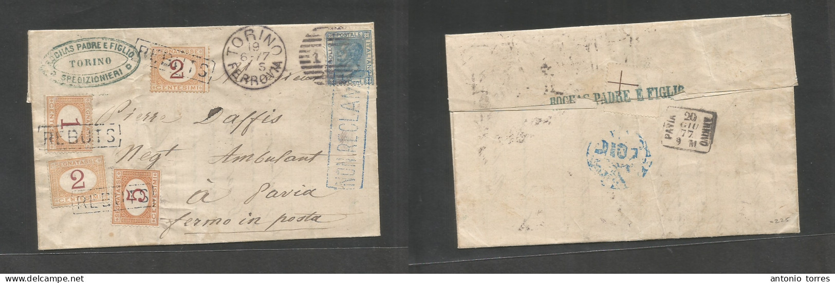 Italy. 1877 (19 June) Torino - Pavia (20 June) E Fkd 20c Blue Kingdom + Retour From Reclame + Postage Dues (x4) Tied Reb - Ohne Zuordnung