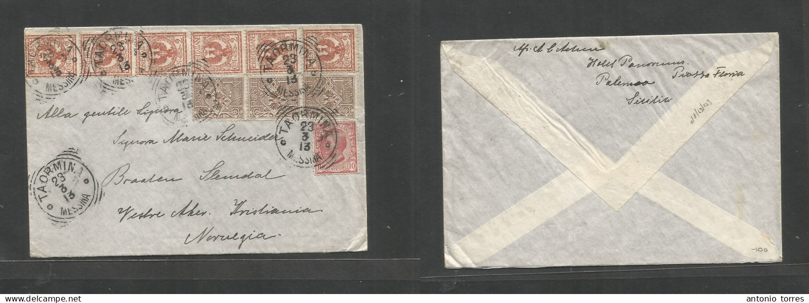 Italy - Xx. 1913 (23 March) Taormina, Messina - Norway, Kristiania. Kingdom Multifkd Envelope, Cds. Lovely Usage + Bette - Non Classés