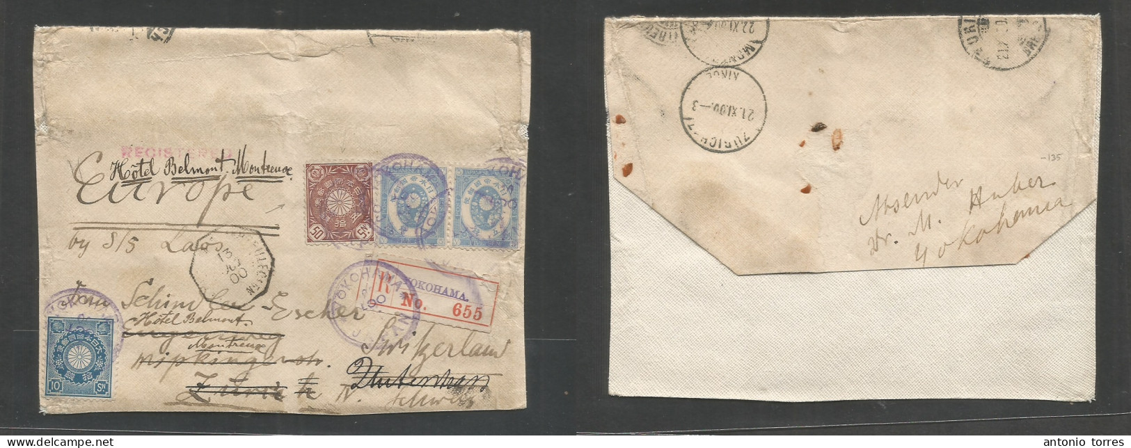 Japan. 1900 (12 Oct) Yokohama - Switzerland, Montreux (22 Nov) Registered Multiple Sampless Package Incl 50 Sen Brown At - Sonstige & Ohne Zuordnung