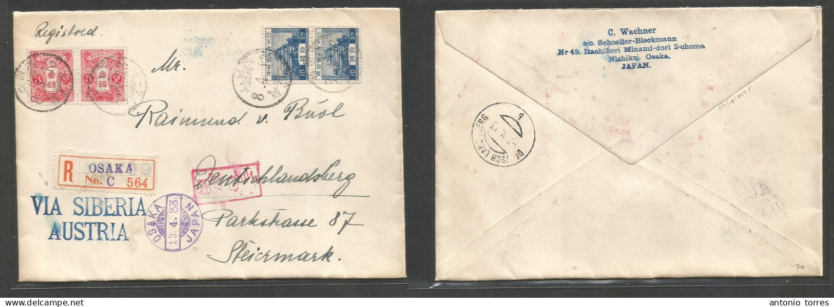 Japan. 1933 (8 April) Nishiku, Osaka (13 Apr) - Germany, Steicrmark (3 May) Registered Multifkd Via Siberia - Austria En - Sonstige & Ohne Zuordnung