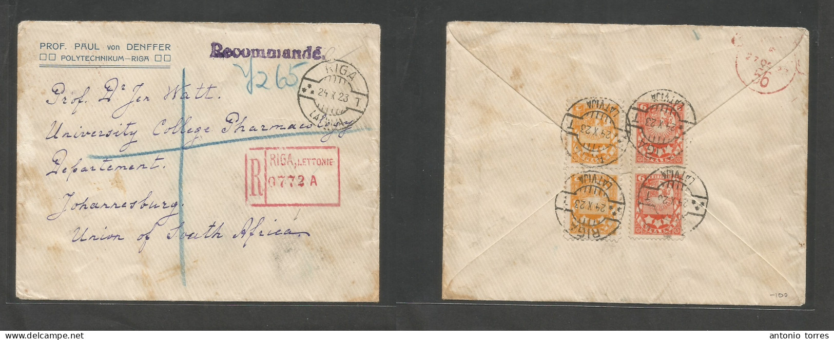 Latvia. 1923 (24 Oct) Riga - South Africa, Joburg Via London (27 Oct) Registered Reverse Multifkd Envelope. Better Dest - Lettland