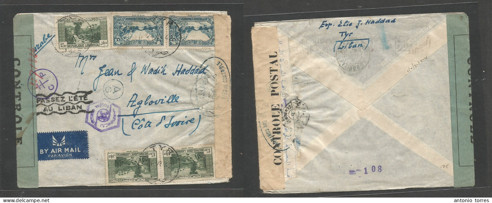 Lebanon. 1942 (24 Aug) Tyr - Ivory Coast, Agboville. WWII Triple Censor Multifkd Airmail Envelope. Transited + Arrival C - Liban