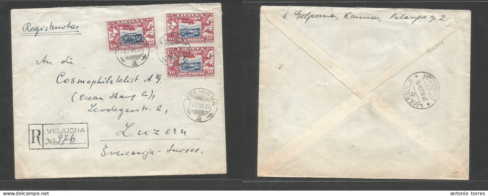 Lithuania. 1937 (27 June) Veliuona - Switzerland, Luzern (29 June) Registered Multifkd Env, Tied Cds + Re-cachet. VF. - Lituanie