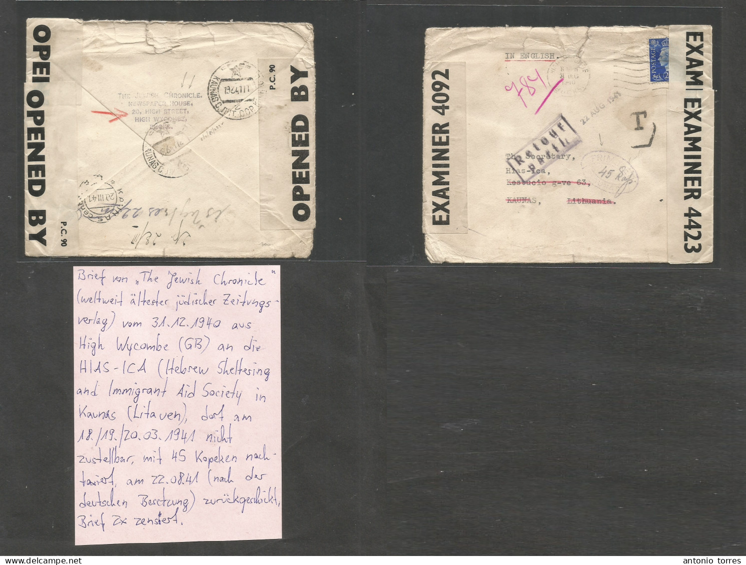 Lithuania. 1941 (March) GB, London, High Wycombe - KAUNAS (22 Aug). Air Fkd Dual Censor, Taxed Envelope + Retour To Send - Lithuania