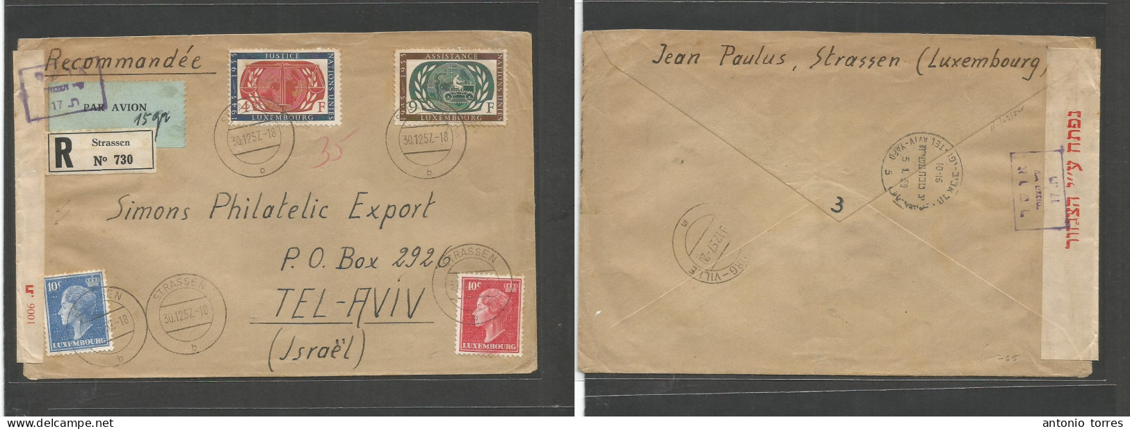 Luxembourg. 1957 (30 Dec) Strassen - Israel, Tel Aviv (5 Jan 58) Registered Air Multifkd Arrival Censor Label. VF. - Andere & Zonder Classificatie