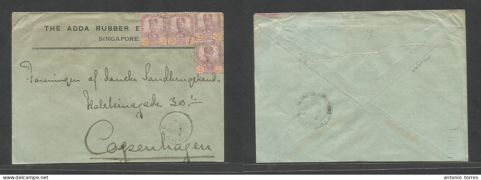 Malaysia. 1910 (15 Nov) Johore Bahru - Denmark, Cph Via Sing. Comercial Multifkd Env, With Doble Ring Crown Town Cachets - Maleisië (1964-...)