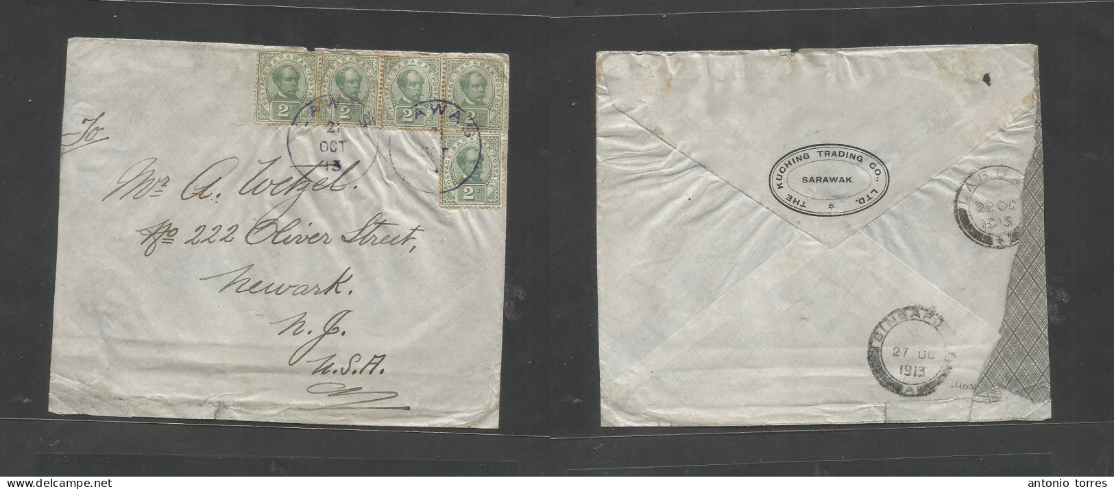 Malaysia. 1913 (21 Oct) Sarawak, Lawas - USA, Newark, NJ Via Labnan - Singapore. Comercial Multifkd Envelope, At 10c Rat - Malasia (1964-...)