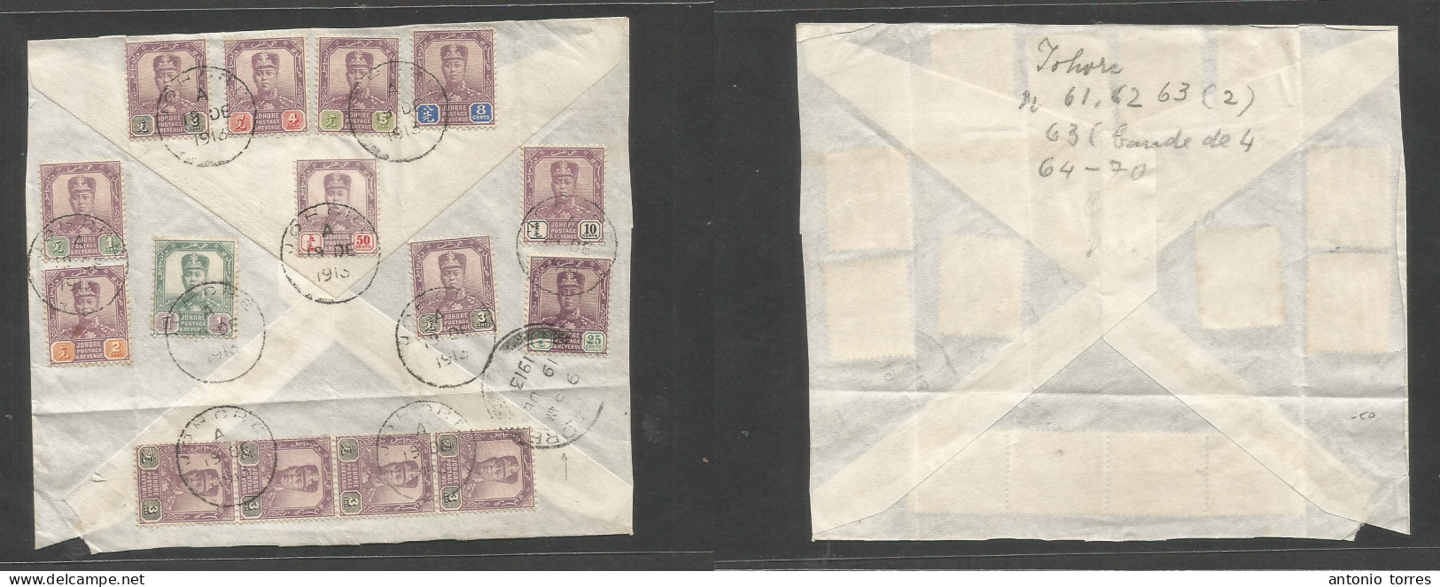 Malaysia. 1913 (19 Dec) Johore - Singapore (19 Dec) Reverse Of Envelope Multifkd With 15 Stamps At 2,23 $ Rate. Nice Ite - Malaysia (1964-...)