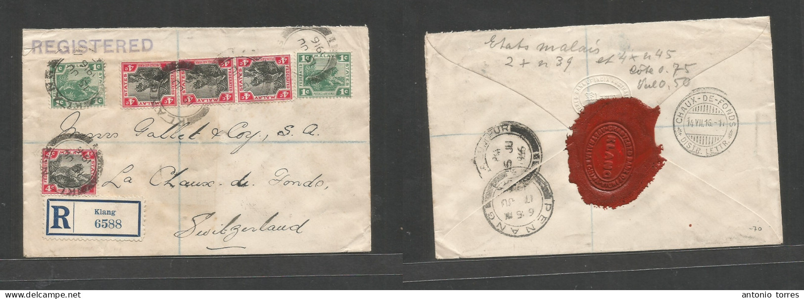 Malaysia. 1916 (15 June) Klang - Switzerland, Chaux De Fonds. Registered Multifkd Envelope, At 18c Rate, Tied Cds + R-la - Maleisië (1964-...)